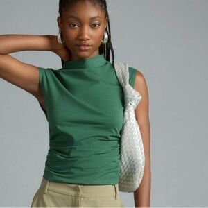 Maeve Anthropologie Mock-Neck Shell Tank Top Ruched Forest Green XS